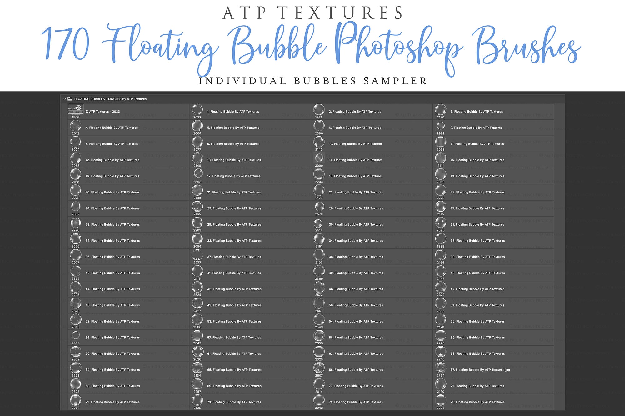 Bubbles for photographers. High Resolution Photoshop brushes for photography and digital design.  Digital Stamps for scrapbooking, photography and graphic design. Assets and Add ons. High resolution digital files.  ATP Textures
